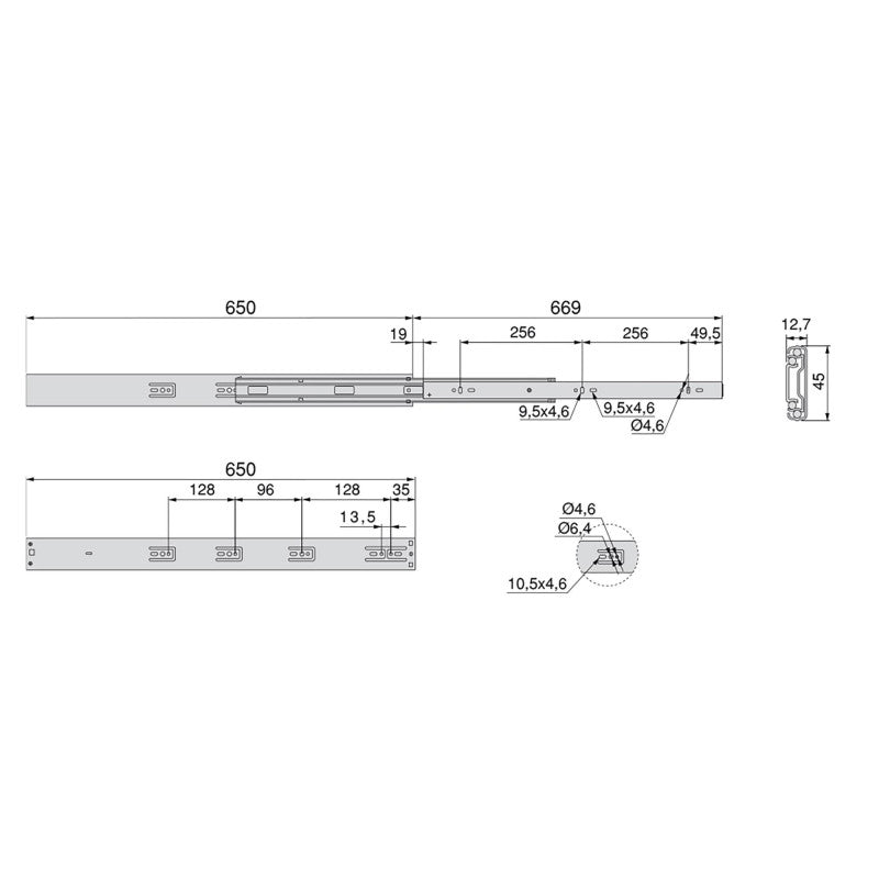 Pair Coulisses Tiroirs Billes 45x650mm Sortie Totale Fermeture Amortie
