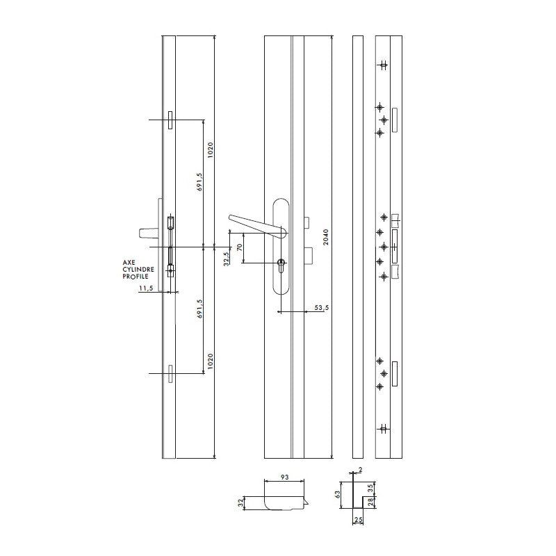 Serrure 3 Points Marron CP ADRIATIC Réversible Porte 2500mm Haut Maxi
