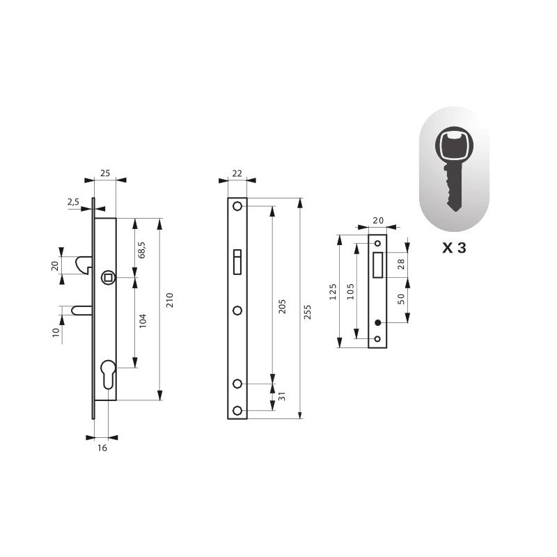 Serrure à Cylindre Axe 16 L 25 E104 à Panneton Réduit 3 Clés En Coque