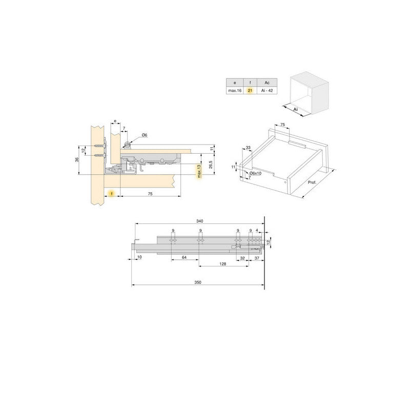  10 Paires De Coulisses Emuca Silver Profondeur 340mm Acier Zingué