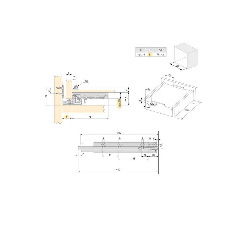  10 Paires De Coulisses Emuca Silver Profondeur 390mm Acier Zingué