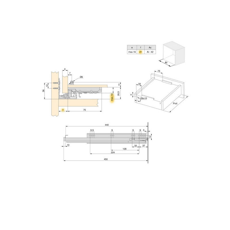  10 Paires De Coulisses Emuca Silver Profondeur 440mm Acier Zingué