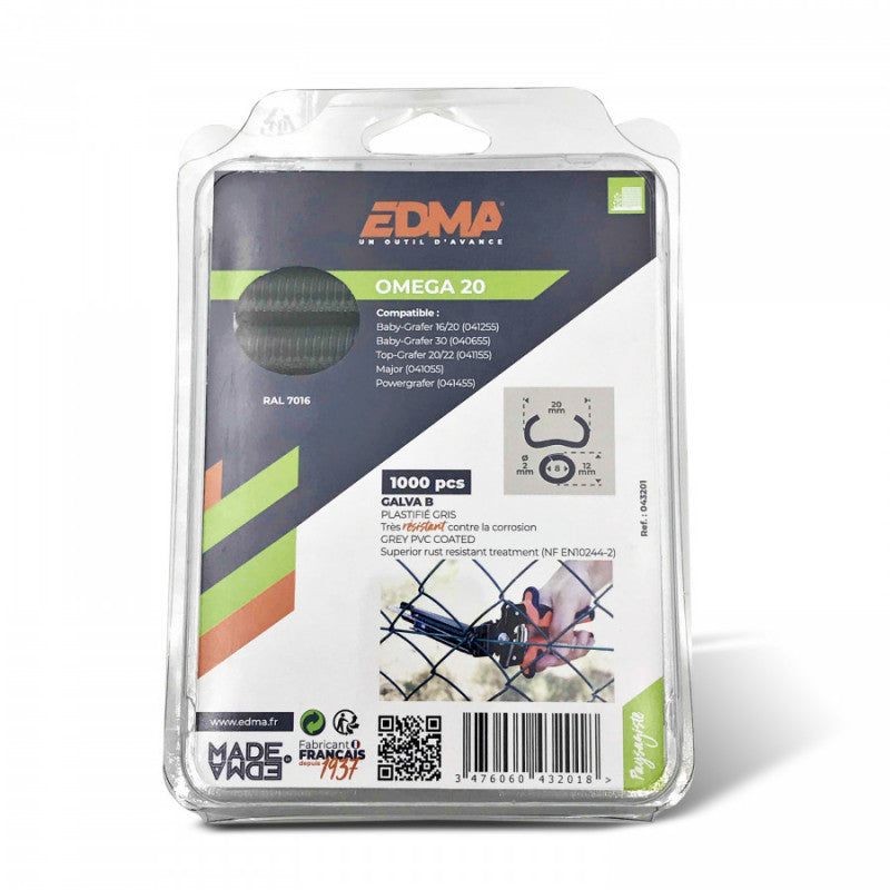 EDMA Agrafe OMEGA 20 Galva Plastifié Gris, 1000 Pièces 43201