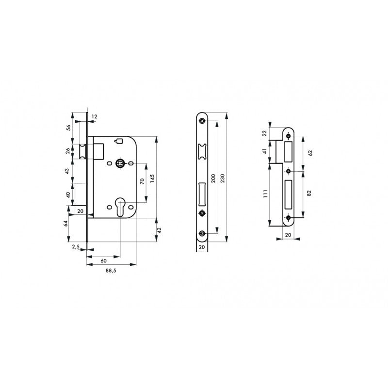  Boîtier Serrure à Encastrer à Cylindre Axe 60 Mm Têtière Nickelée V/BR