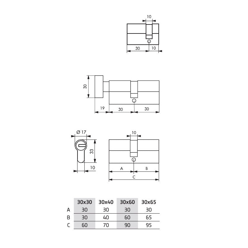  Cylindre 2 Entrées 30 X 65 Mm Nickelé Mat Avec 4 Clés Federal