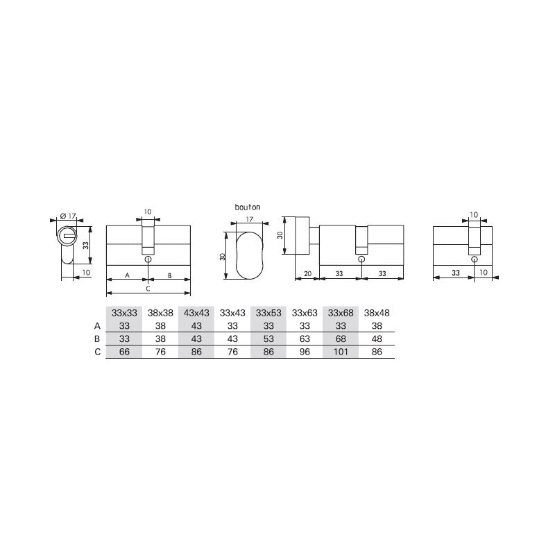  Cylindre Profilé 33 X 33 Mm Nickel Velours Avec 4 Clés Atlantic M