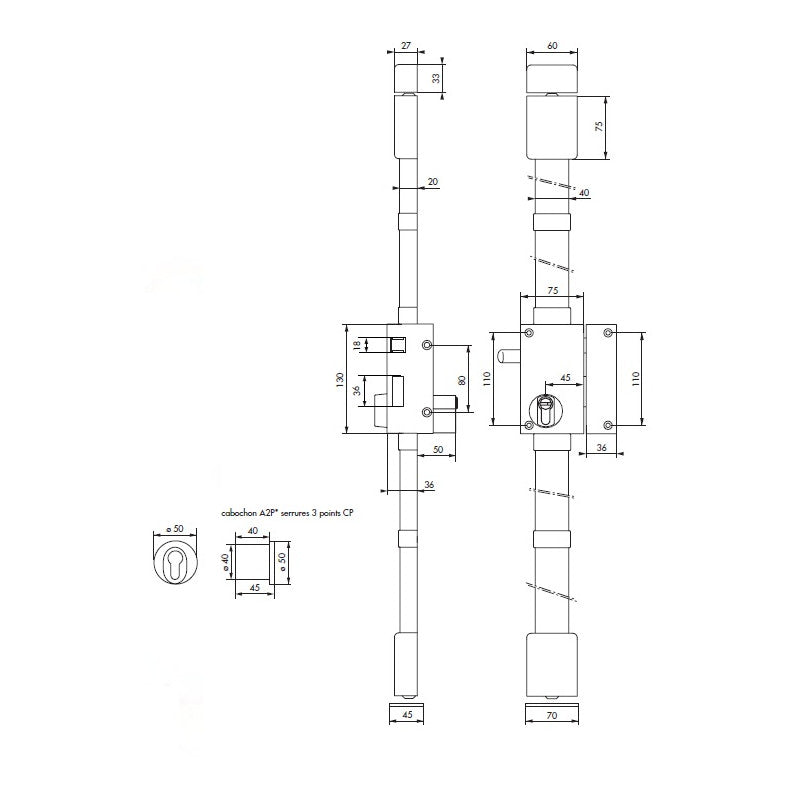  Serrure CP TRANSIT 2 à Fouillot 75x130mm Porte ép 50 Mm Gauche 4 Clés