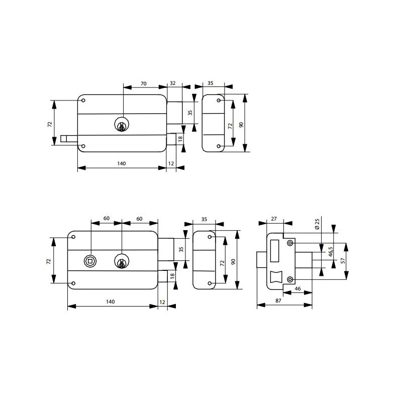  Serrure En Applique à Double Cylindre à Fouillot Droite 8116